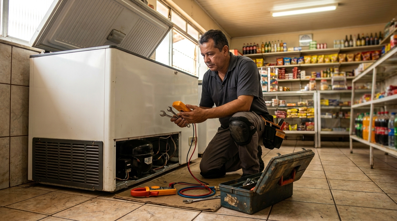 Profissional executando manutenção no motor de freezer em Santa Maria‑RS