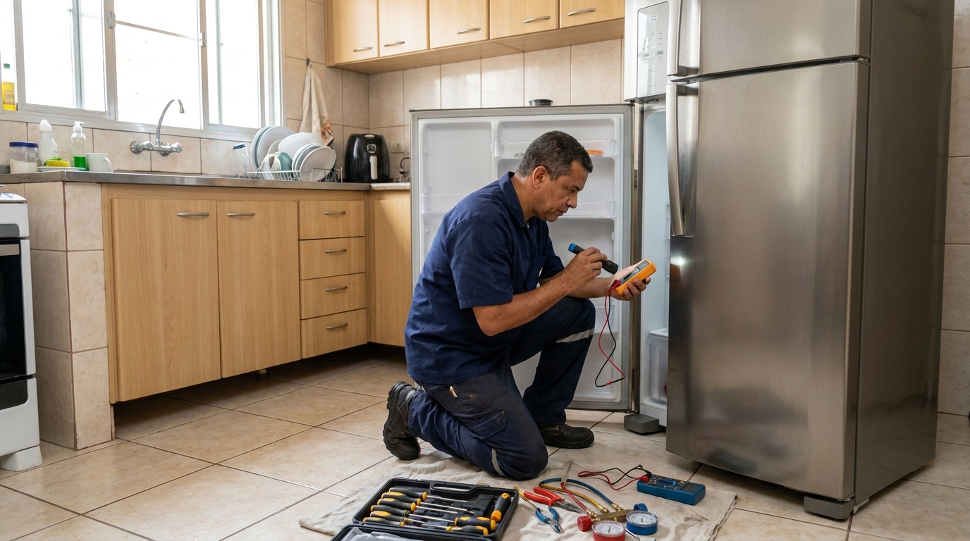 Técnico aplicando recarga de gás refrigerante em geladeira em Santa Maria‑RS